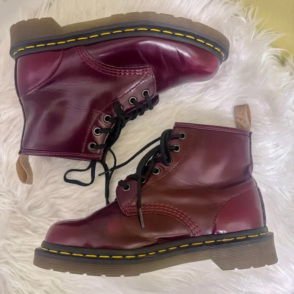 Dr Martens Ankle Boots 101 Vegan Cherry Red Shiny Chunky Combat 6 Men / 7 Women